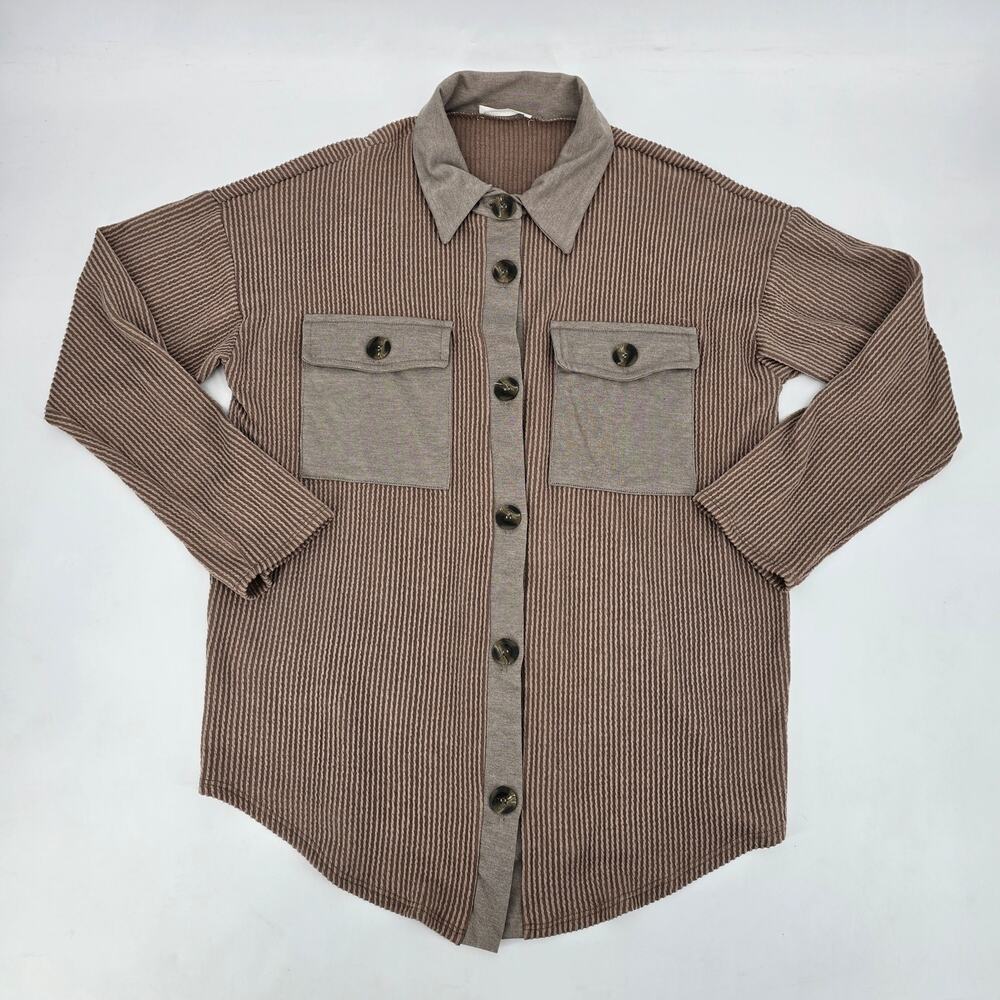 Reborn J Ribbed Taupe Shacket Textured Button Down Overshirt Neutral M